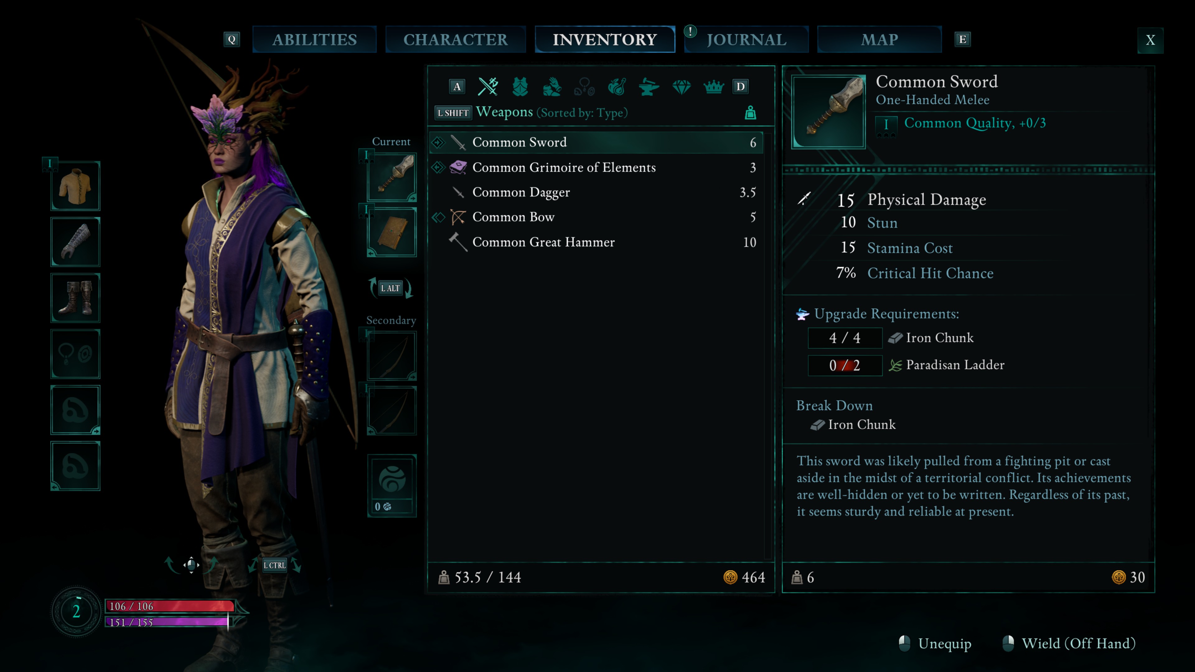 Screenshot of Avowed on PC showing the inventory menu.