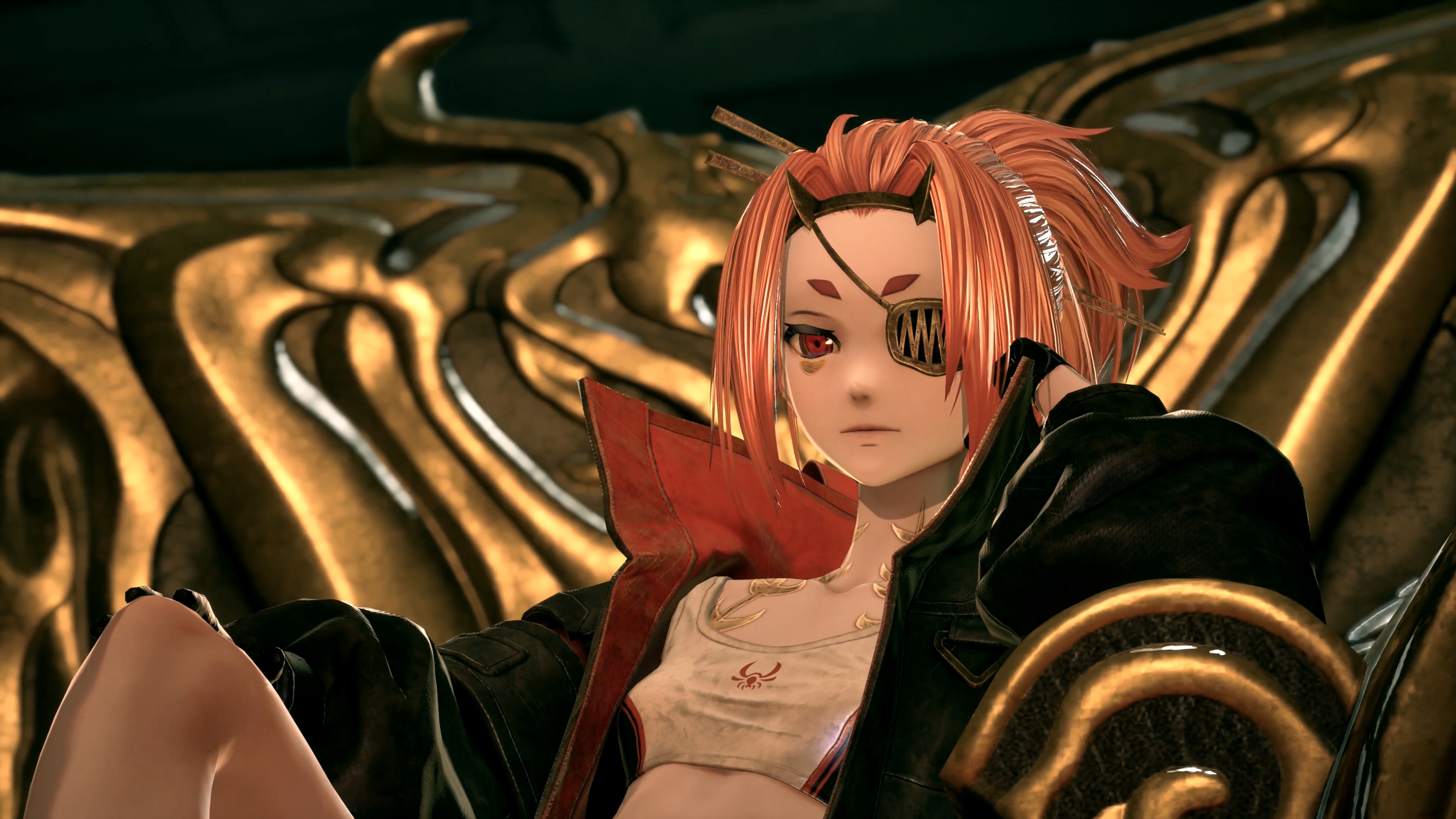 A Code Vein 2 character with an eyepatch lounging back against a gold background