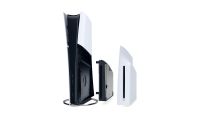 PS5 Slim with detachable disc drive on a white background