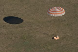 The Soyuz MS-07 spacecraft lands on the steppe of Kazakhstan on June 3, 2018 after 166 days at the space station.
