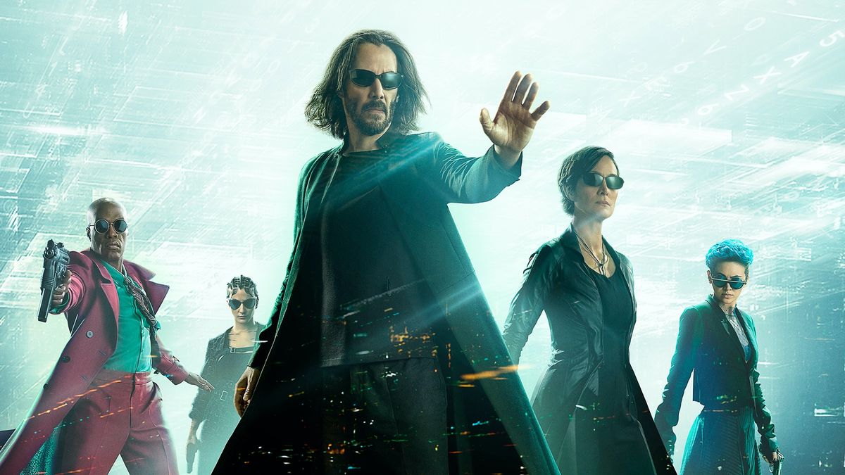 Keanu Reeves as Neo, and the rest of the main cast, in Matrix Resurrections