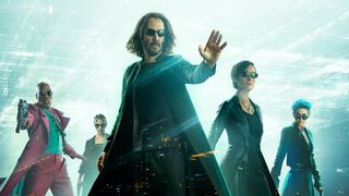 Keanu Reeves as Neo, and the rest of the main cast, in Matrix Resurrections