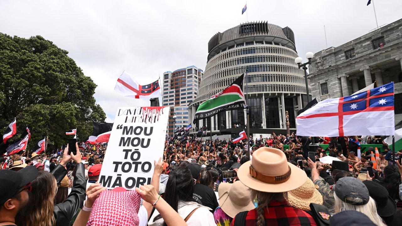 New Zealanders protest in Wellington over Maori rights on Nov. 19, 2024. 