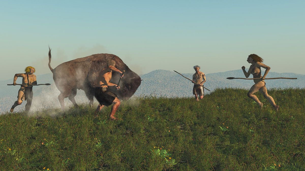 Digital illustration of Neanderthals hunting a bison with spears.