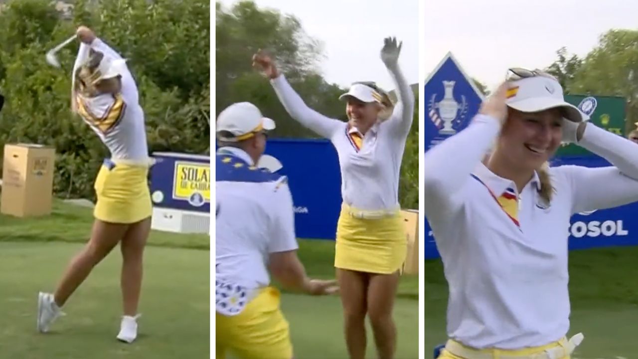 Screenshots of Emily Pedersen&#039;s hole-in-one at the Solheim Cup