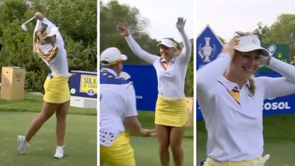 Screenshots of Emily Pedersen's hole-in-one at the Solheim Cup