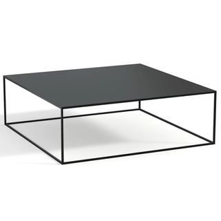 A square black metal coffee table
