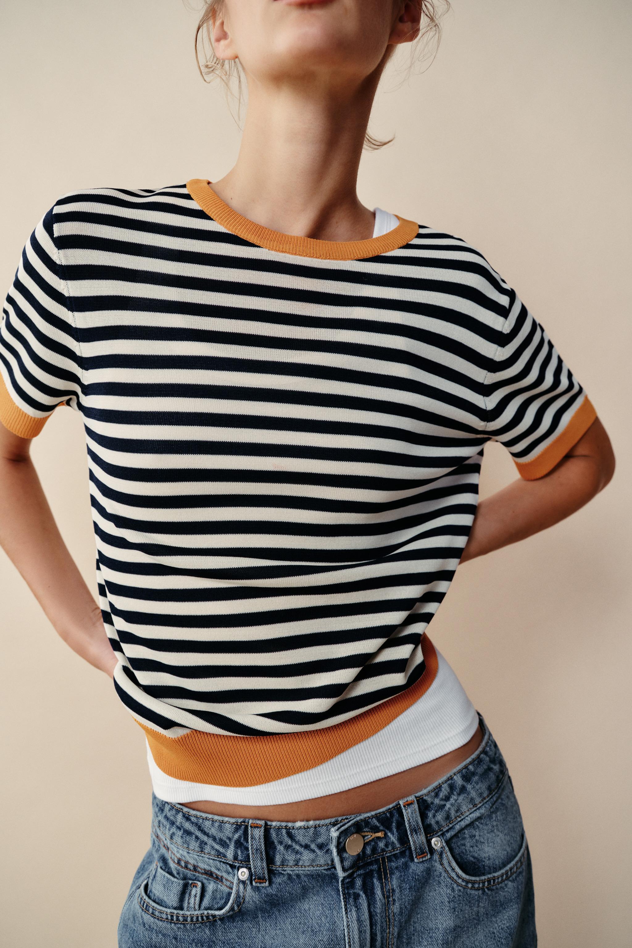 Striped Knit Top - White-Orange - S