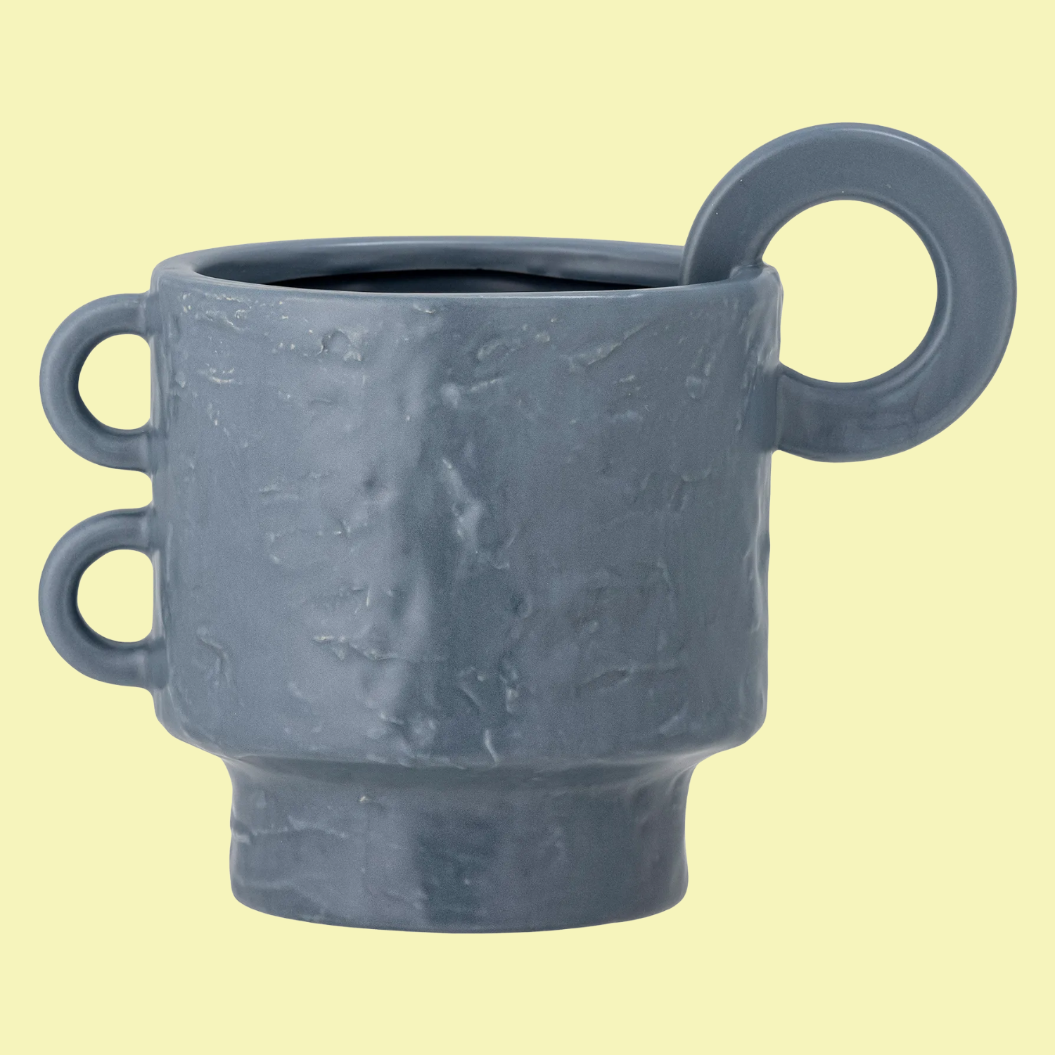 A textured pot with looped handles in a dusty blue