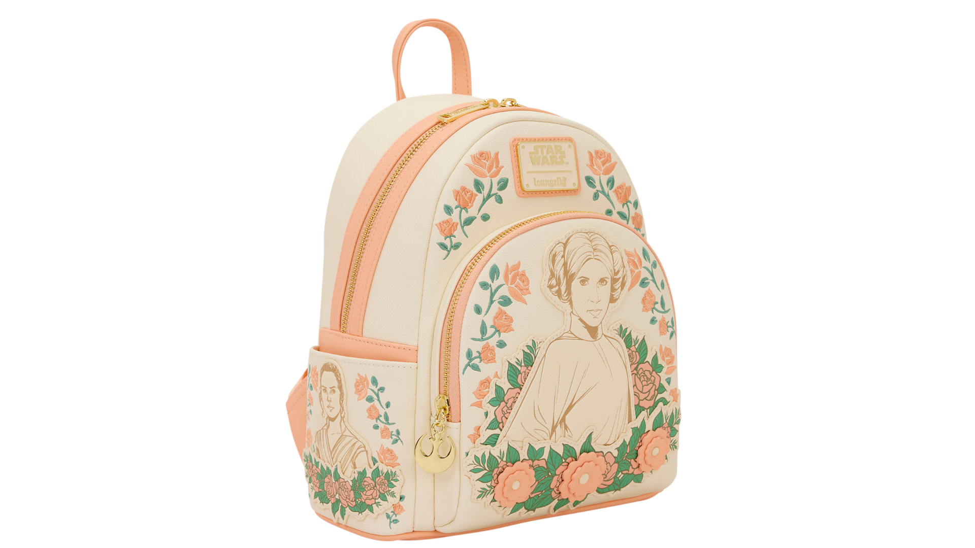 Star Wars Loungefly Mini Backpack with Leia, Rey, and Padme on a plain background