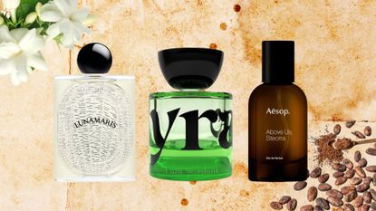 a map backdrop with images of three travel inspired perfumes, diptyque lunamaris, vyrao i am verdants and aesop above us steorra, with images of cocoa beans and jasmine flowers