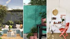  composite image of three separate garden areas showing the new Cuprinol colours painted on fences and furniture