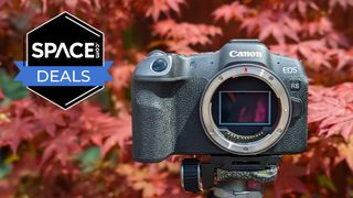 The Canon EOS R8 camera body against a background of red leafs with a black Space.com deals badge in the upper left corner.