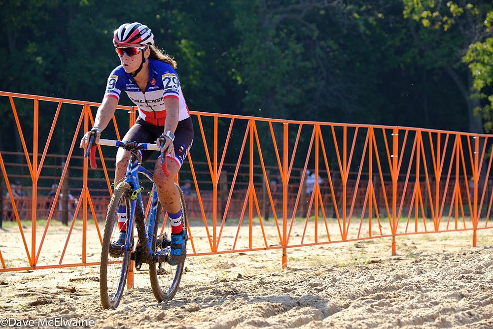 French Champion Caroline Mani riding with the leaders during lap one