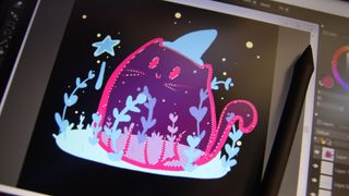 Wacom One pen display being used to illustrate an image of a ghostly wizard cat.