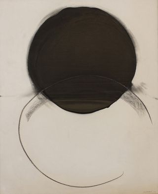 Abstract painting of two circles on a white background.