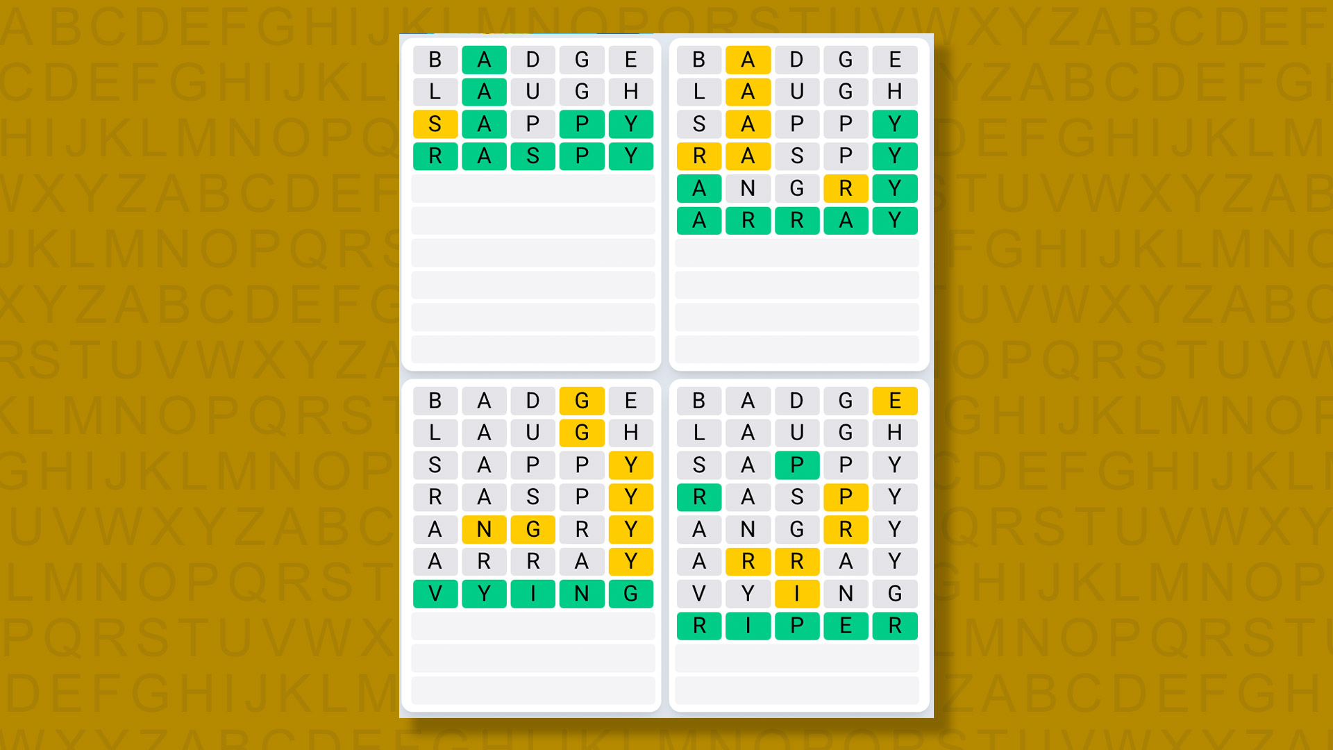 Quordle Daily Sequence answers for game 1368 on a yellow background