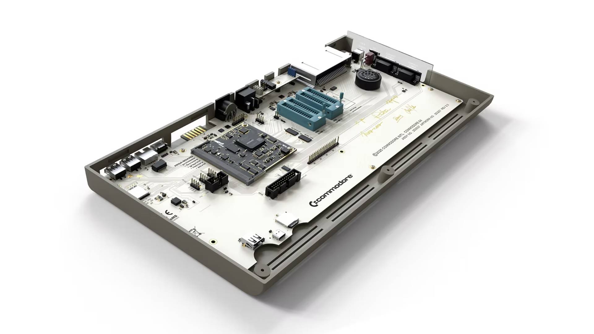 Inside view of Commodore 64 Ultimate with top removed and white main board showing.
