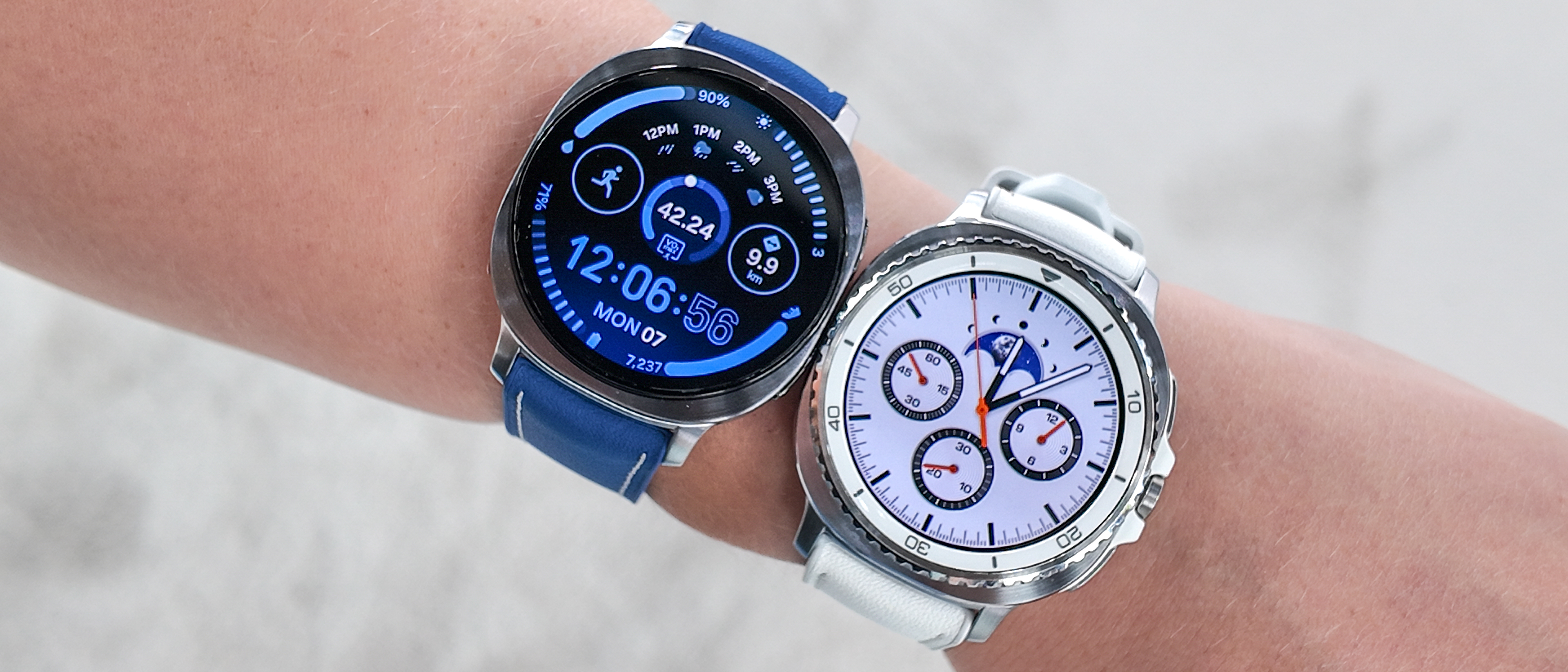 Close-up of the Samsung Galaxy Watch 8 and 8 Classic on the writer&#039;s wrist