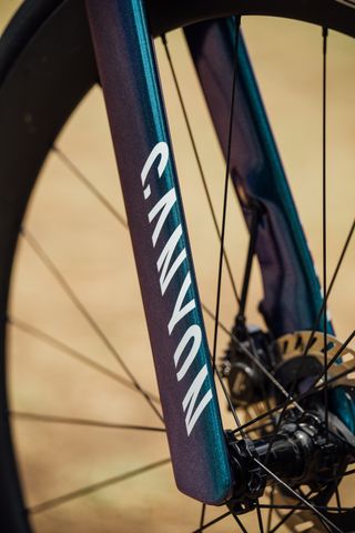 A blue Canyon Aeroad CFR fork leg with a white Canyon logo