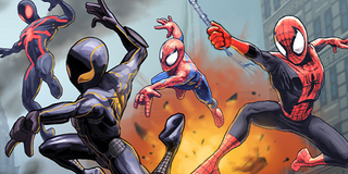 Various versions of Spider-Man swing into action.