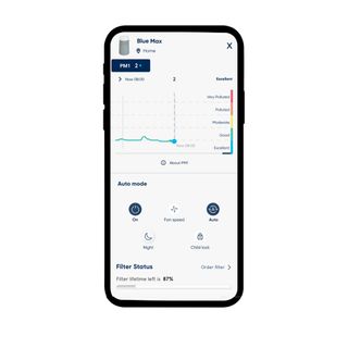 The Blueair Blue Max 3250i Air Purifier Smart App shown on a mobile phone screen