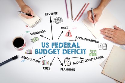 US Federal Budget Deficit - illustration of a planning meeting at the white office table.