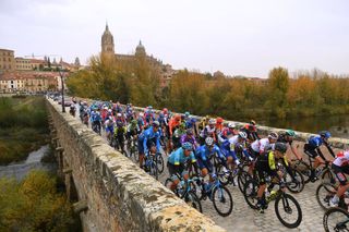 CIUDADRODRIGO SPAIN NOVEMBER 06 Start Omar Fraile Matarranz of Spain and Astana Pro Team Carlos Verona Quintanilla of Spain and Movistar Team Alexander Edmondson of Australia and Team Mitchelton Scott Salamanca City Peloton Bridge Landscape during the 75th Tour of Spain 2020 Stage 16 a 162km stage from Salamanca to Ciudad Rodrigo lavuelta LaVuelta20 La Vuelta on November 06 2020 in Ciudad Rodrigo Spain Photo by David RamosGetty Images