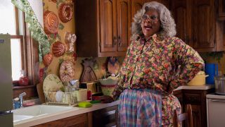 Tyler Perry as Madea talking in the kitchen in Tyler Perry's A Madea Homecoming.
