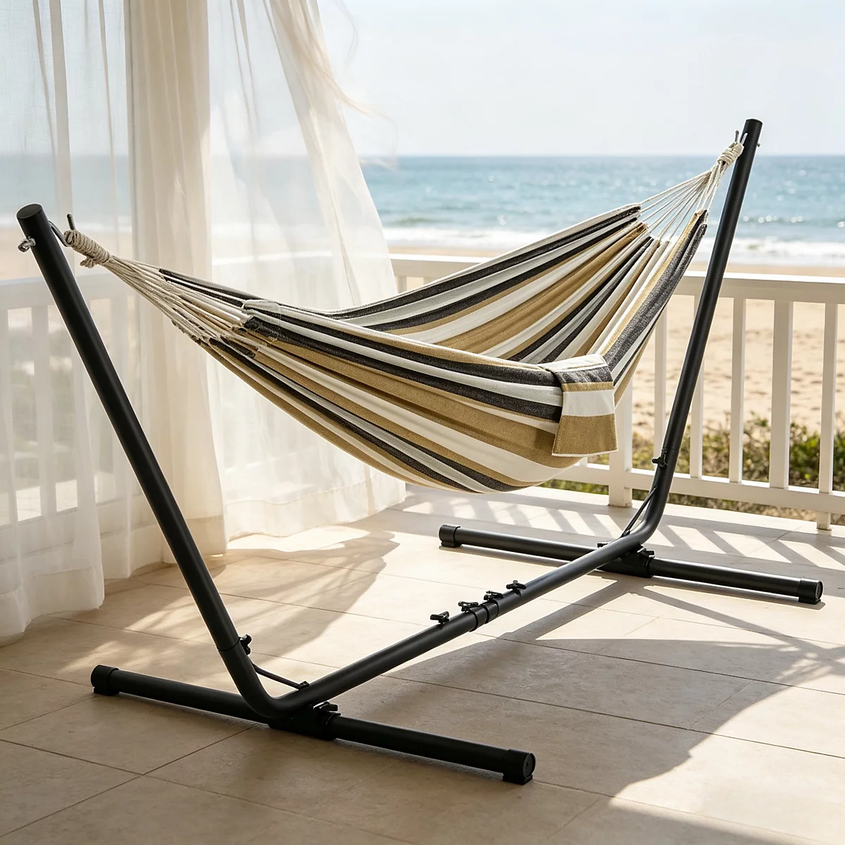 B&amp;amp;Q, Yaheetech Desert Stripe Hammock Bed with Adjustable Steel Stand, Travel Bag