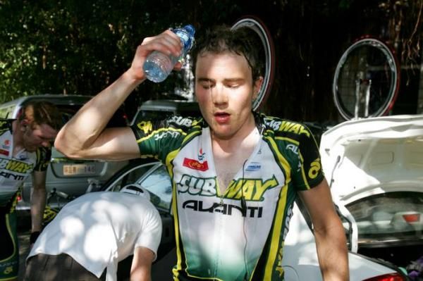 James Williamson (Subway-Avanti) refreshes himself after a hot day in the saddle.