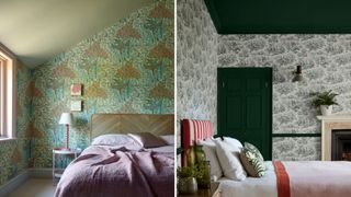 compilation image of two bedrooms showing ceilings painted in coordinating colors to the wallpapers to show a new bedroom trend 2023