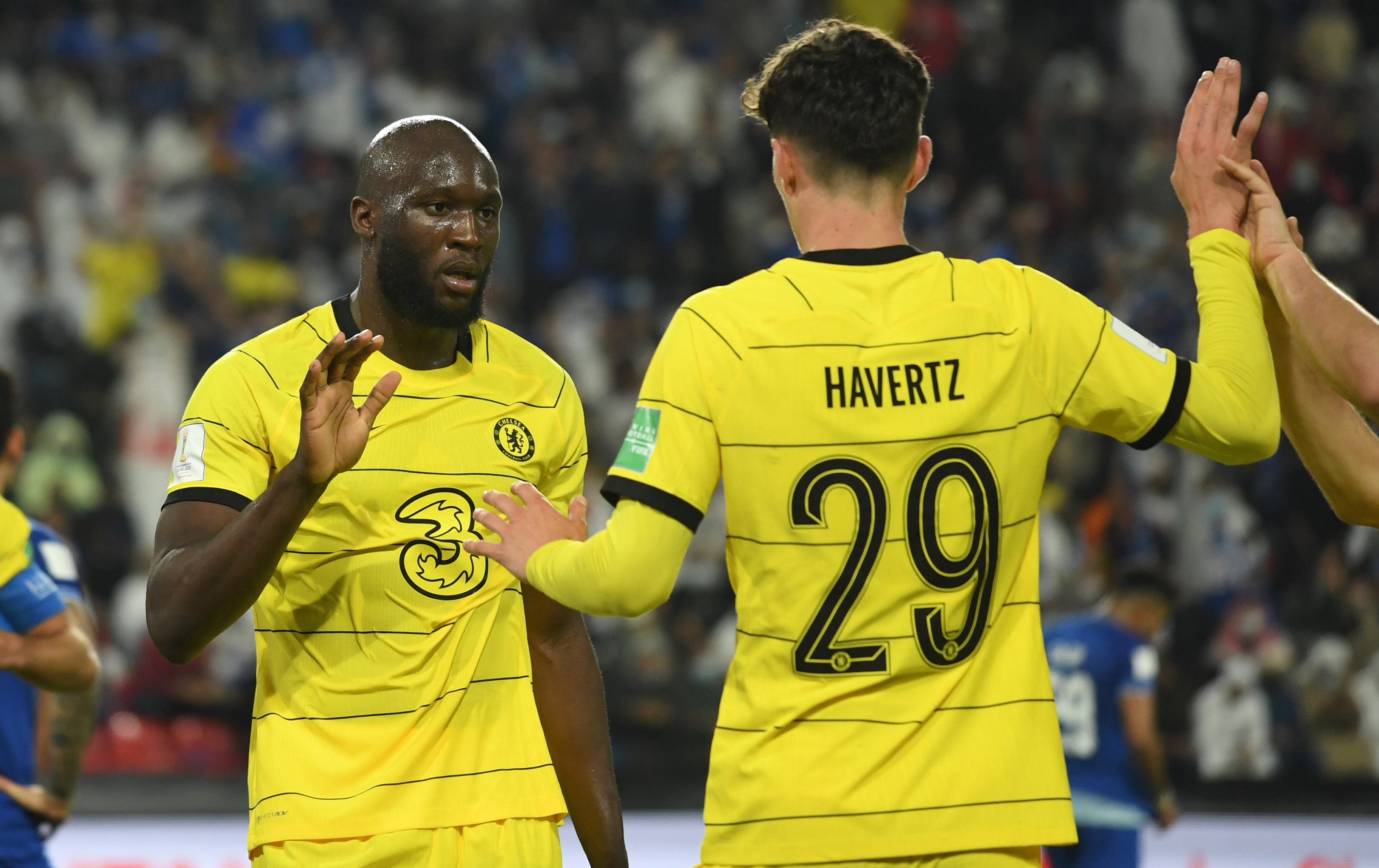 Les attaquants de Chelsea Romelu Lukaku et Kai Havertz célèbrent un but