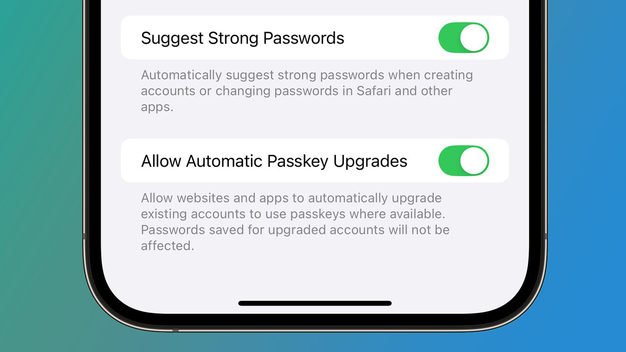 An iPhone on a blue and green background showing Password app settings
