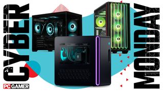Three gaming PCs on a Cyber Monday background