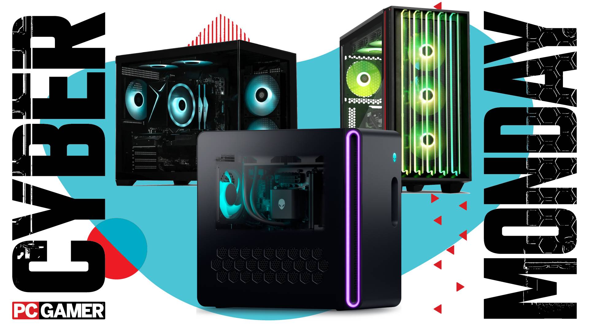 Three gaming PCs on a Cyber Monday background