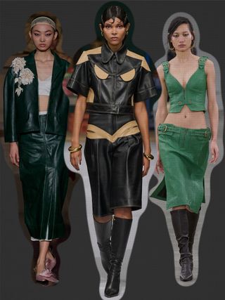 london fashion week trends, a collage of models wearing matching leather sets on the fall/winter 2024 runway
