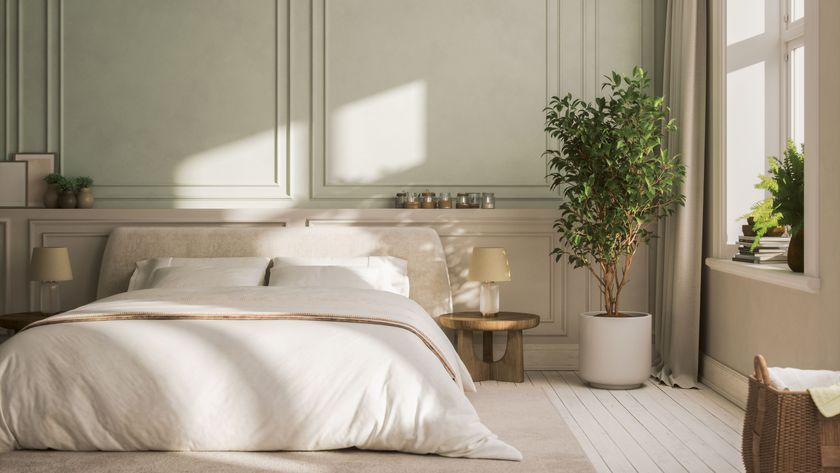 A bedroom with light green and beige wall paneling, a bed with a beige bed frame and white duvet, two nightstands, and a tall leafy plant