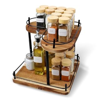 Saocaihul Acacia Wooden Spice Rack Organizer Lazy Susans Rotating Countertop 2 Tiered Display Shelf Kitchen Adjustable Height Spinning Spice Rack 11.8inch Large Capacity