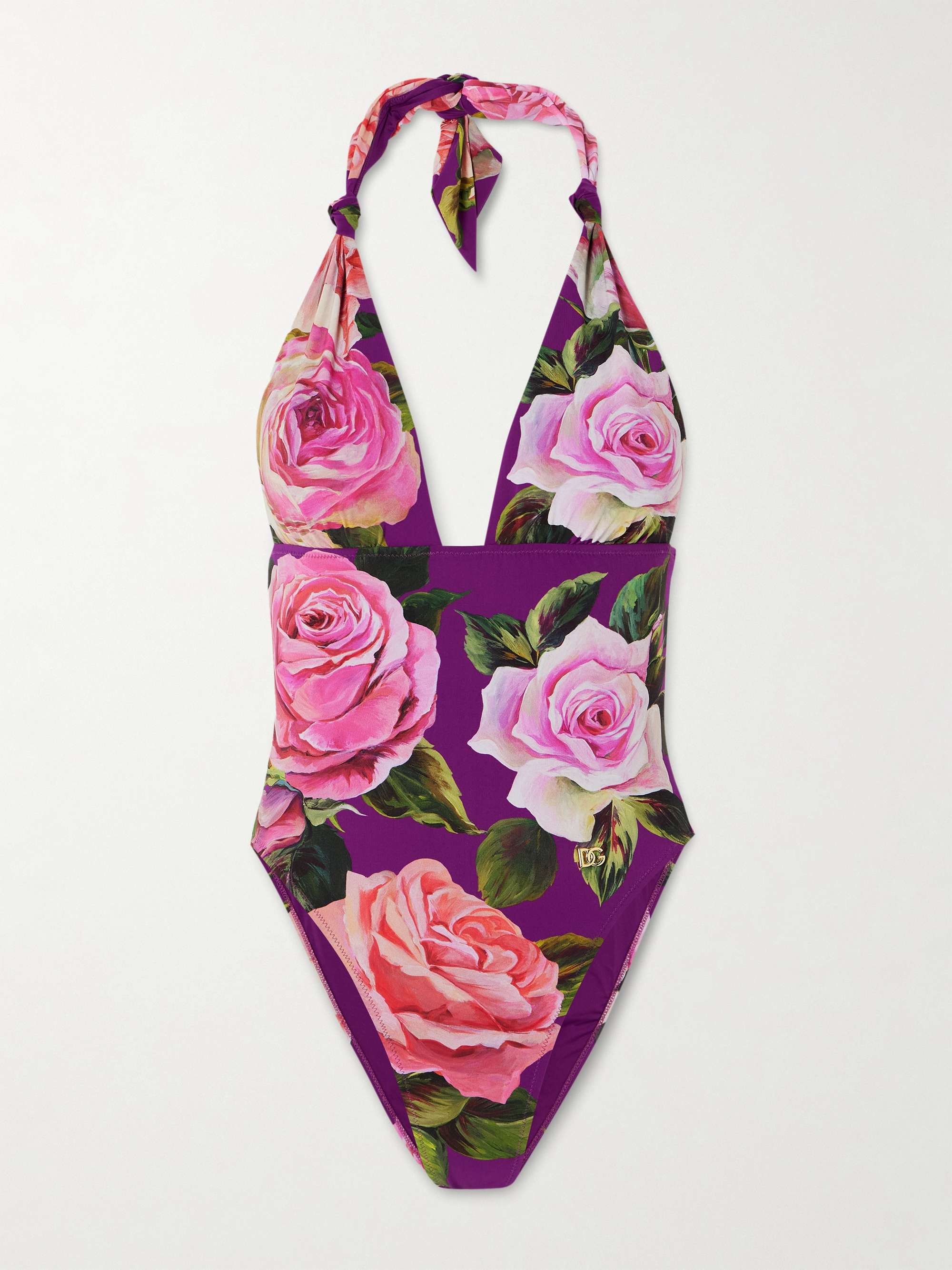 Embellished Floral-Print Knotted Halterneck Swimsuit
