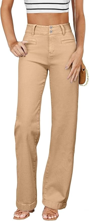 Sidefeel, Sidefeel Jeans for Women High Waisted Stretchy Wide Leg Trendy Loose Straight Leg Zimbaplatinum Denim Pants Khaki Size 16