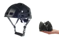 Overade Plixi Fit helmet can be folded. This image shows the helmet in full to the left and folded in the palm of a person on the right. 