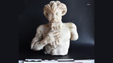 We see the front of white marble Pan statue against a dark background. It includes his head and torso. He is playing the pipes.