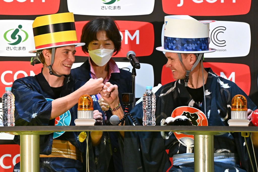 SAITAMA JAPAN NOVEMBER 05 LR Jonas Vingegaard Rasmussen of Denmark and Team Jumbo Visma Yellow Leader Jersey and Christopher Froome of United Kingdom and Team Israel Premier Tech participate in a Quiz Contest at Thematic Japanese Festival during the 8th Tour de France Saitama Criterium 2022 Media Day SaitamaCriterium on November 05 2022 in Saitama Japan Photo by Kenta HaradaGetty Images
