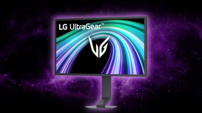 LG UltraGear 25G590B with glowing purple backdrop.