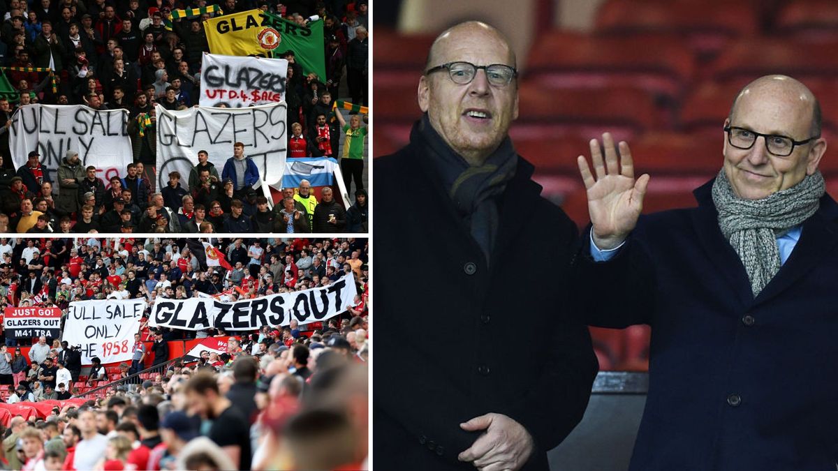 Manchester United fans hold banners calling for the club&#039;s owners, The Glazers, to leave, during the UEFA Europa league quarter-final, first leg football match between Manchester United and Sevilla at Old Trafford stadium in Manchester, north west England, on April 13, 2023. 