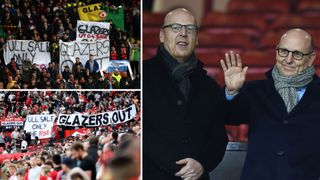 Manchester United fans hold banners calling for the club's owners, The Glazers, to leave, during the UEFA Europa league quarter-final, first leg football match between Manchester United and Sevilla at Old Trafford stadium in Manchester, north west England, on April 13, 2023. 