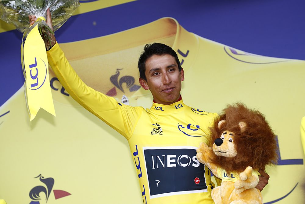 Egan Bernal (Team Ineos) in the yellow jersey at the Tour de France