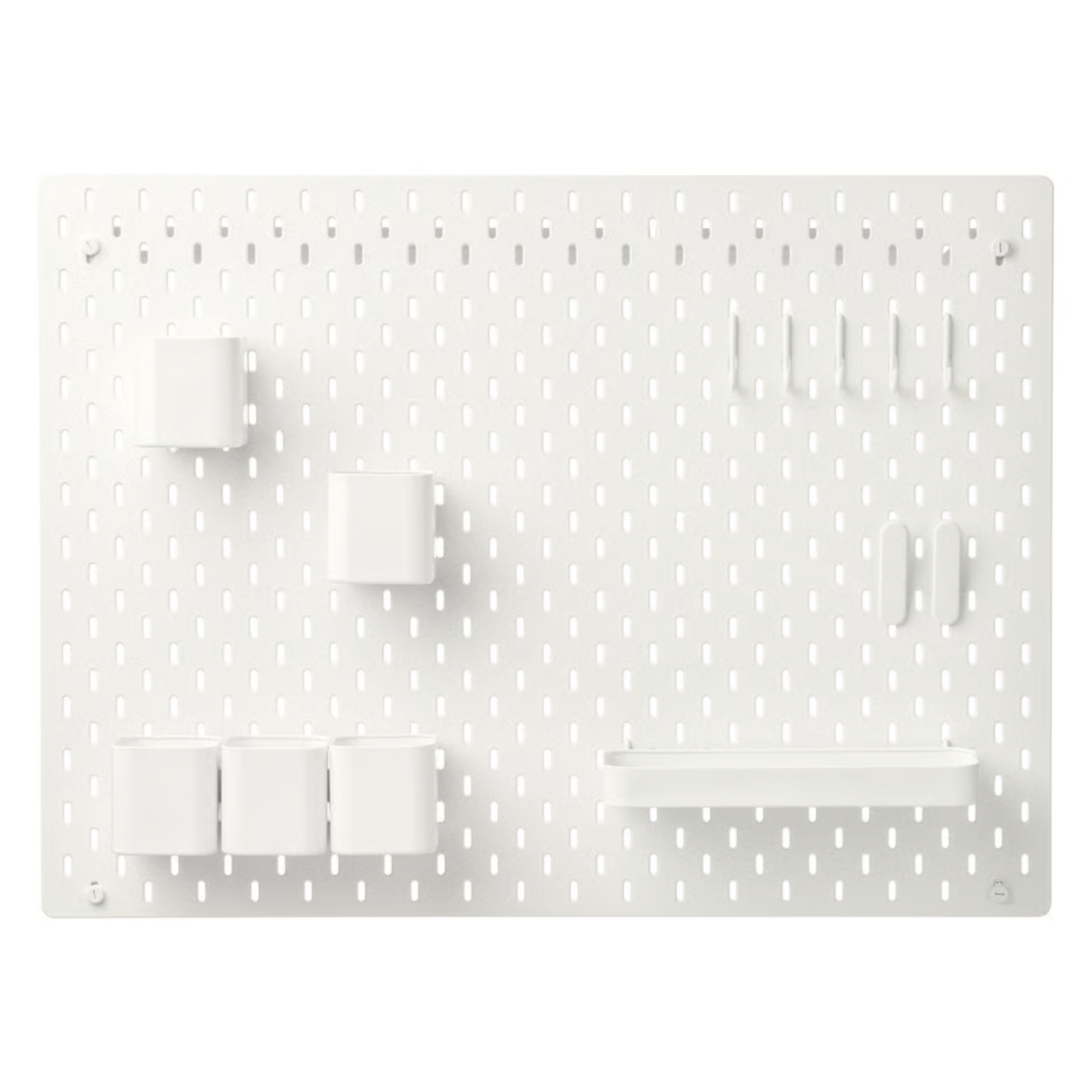a pegboard with several hooks and storage containers