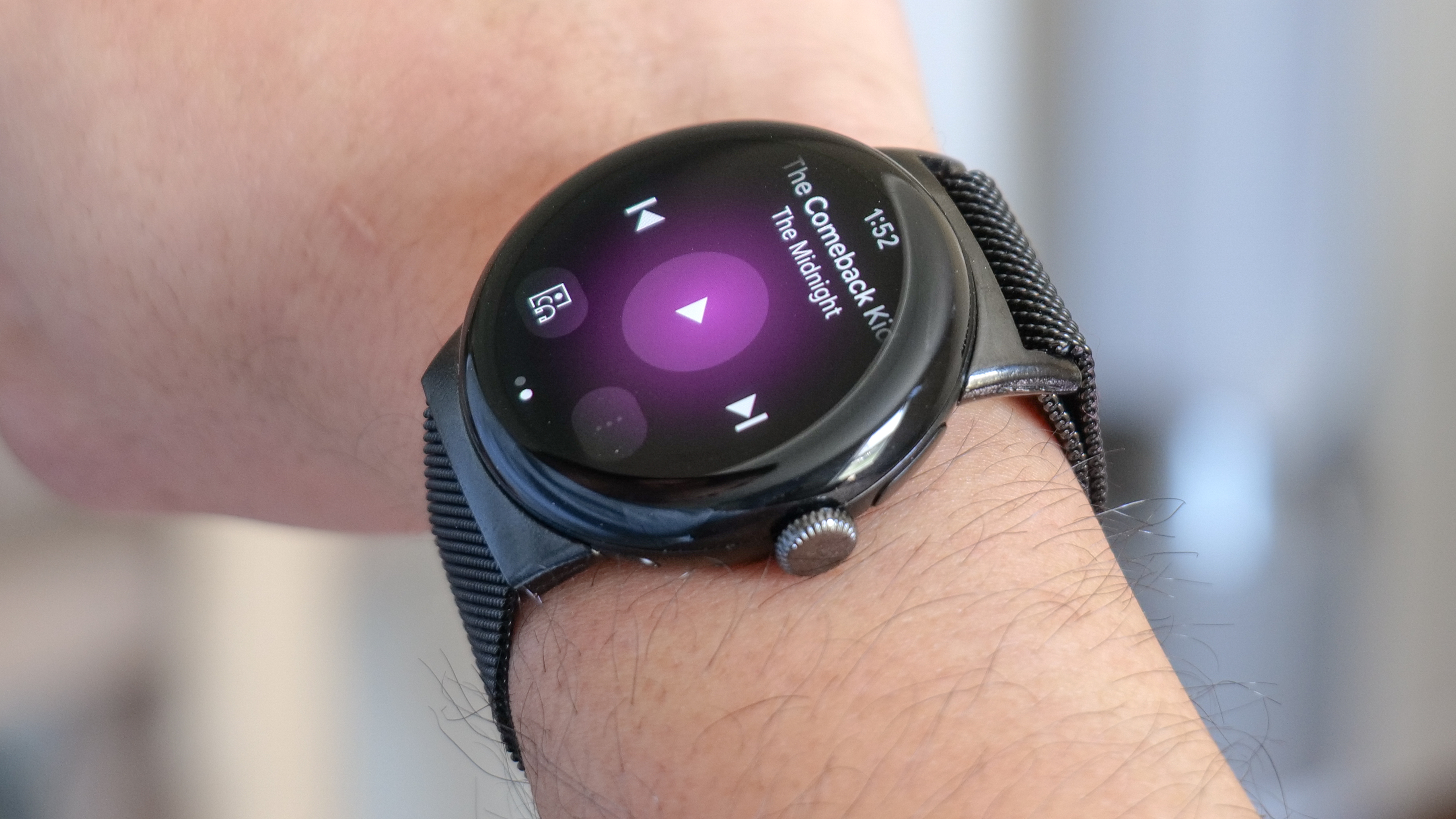 Pixel Watch showing YouTube Music app.